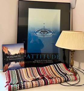 Attitude Framed Wall Art, Yosemite Book, Brass Lamp & Woven Textile Mixed Lot