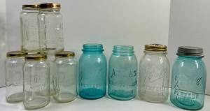 Assorted Clear & Blue Glass Mason Jars (Lot of 8)