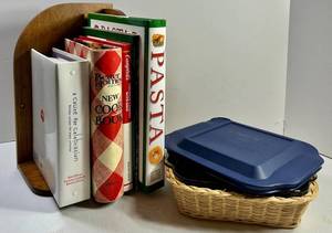 Pyrex Casserole Dish With Lid, Wicker Basket & Cookbook Mixed Lot
