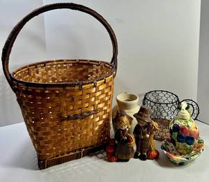 Harvest Decor Mixed Lot Basket, Scarecrow Pair, Vase, Wire Teapot & Soap Set