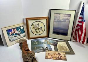 Mixed Lot Framed Art Prints, Carved Wood Sculpture & American Flag