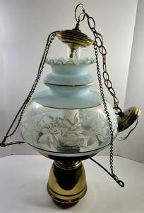 Vintage Hanging Oil Lamp With Etched Glass Shade