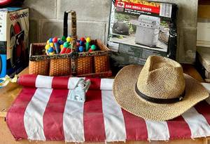 Range Master Gas Grill Cover, Straw Hat, American Flag & Wicker Basket Mixed Lot