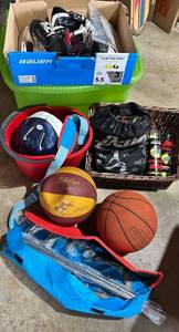 Mixed Sports Gear Lot With Bauer Skates, Horseshoes & Basketballs