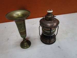 Vintage Music Box Oil Lantern & Brass Vase