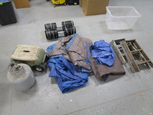 (2) 2 Step Ladders, Poly Tarps, Propane Tank, Weightlifting Weights