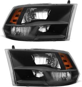 Dodge Ram Headlight Assembly 2009-2018, Black Housing, Amber Reflector, Driver & Passenger Sides
