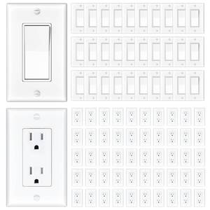 Large Pack Single-Pole Decorator Light Switch w Wallplate 15A Decorator Receptacle