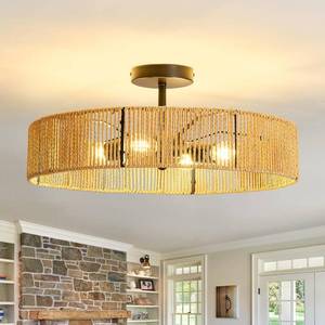 hesoge Boho Rattan Ceiling Light Rustic Black Semi-Flush Mount 24in Woven Chandelier
