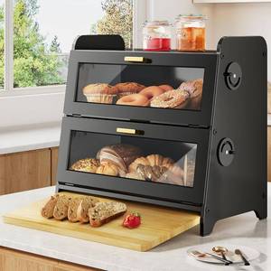 SNTD Bread Box - Counter Bread Storage and Bamboo Cutting Board, Adjustable Vent Holes, Black
