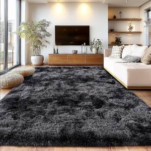 Shaggy Area Rugs, Tie-Dye BlackGray Plush, Non-Slip, Nursery & Living Room Rug