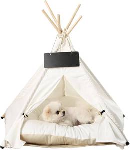 Cozy Indoor Cat Teepee Bed Pet Tent with Plush Pad, CatDog Tent & Dog House (White, S)