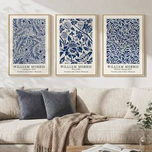 $120 Framed William Morris Wall Art Set of 3 - Vintage Blue Botanical Floral Canvas, 30x60