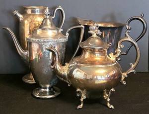 K - Gotham, Amcrest & Unmarked Silver Plate Coffee Pots and Pitcher Mixed Vintage Lot
