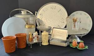 K - Mid Century Barware Mixed Lot With Fire-King Plate & Trader Vic Mugs