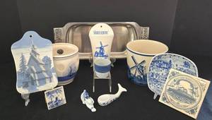 K - Vintage Blue & White Decor Mixed Lot With Stainless Tray including Vintage Delft