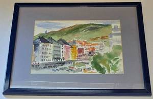 K - Signed Watercolor of Bergen, Norway 15 X 18 in Framed & Matted