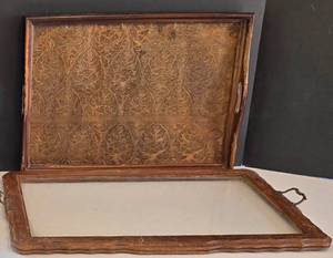 K - Vintage Serving Tray With Glass Insert & Brocade Liner