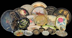 K - Mixed Lot Vintage Tin Tray Selection With Large 13 Plastic Tray