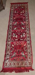 BS - Vintage Belgian Silk Brocade Pictorial Hunting Runner Rug 27 X 93 in