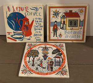 BS - Vintage Tile Trivet Set of 3 - Folk Art Kitchen Decor