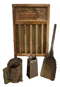 BS - Vintage National Washboard Co. Washboard, Sifter, Grater & Shovel