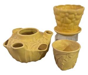 BS - Vintage McCoy Pottery Yellow Planter Trio - Strawberry Planter, Pebble & Leaf Design