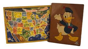 BS - Vintage Wooden Puzzle Set - U.s. Inlay Map & Donald Duck