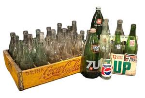 BS - Vintage Soda Bottle Assortment With Coca-Cola Crate & 7up Carrier