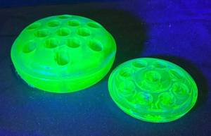 BS - Two Vintage Uranium Glass Floral Frogs