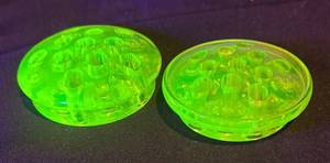 BS - Two Vintage Uranium Glass Floral Frogs