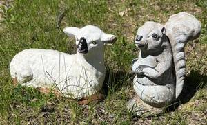 BY - Cement Lamb & Squirrel Garden Statues