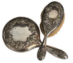 K - Antique Sterling Silver Brush & Mirror Set (Lot of 2) - Floral Repousse Pattern