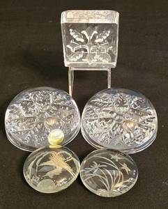 LR - Cristal France Crystal Paperweights - Snowflake & Bird Motifs (Set of 5)