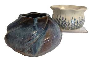 Pair of Ceramic Vases - Blue Drip Glaze & White Dots