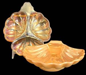 LR - Vintage Jeannette Lusterware Sectioned Candy Dish & Peach Lusterware Shell Dish