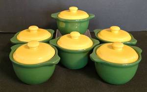 LR - Vintage Green Covered Soup Mugs with Yellow Lids