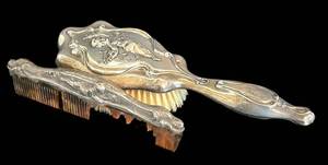 K - Sterling Silver Cupid Motif Comb & Brush Set - Antique