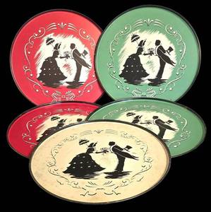 LR - Set of 5 Vintage Mid Century Tin Decorative Plates - Silhouette Bride & Groom