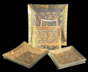 LR - Vintage Mid Century Georges Briard 10-Piece Square Plate & Bowl Set includes Vintage Georges Briard Smokey Persian Garden 22k Gold Gilded Pattern