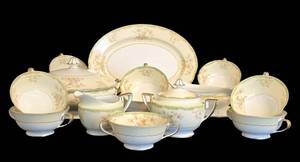 LR - Noritake N92 Vintage China Set - 9 Two-Handled Mugs, Platter & Covered Casserole