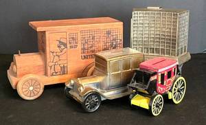 LR - Vintage American Fletcher National Bank Wooden Bank Truck - Iron Coach (Lot of 4)