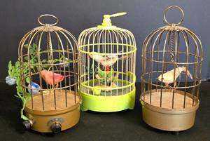 LR - SAEZURI Transistorized Singing Bird Cage Trio - 1 Working Cage  2 Untested Cages (Lot of 3)
