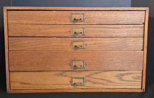 LR - Vintage Oak Apothecary or Watchmakers Cabinet with Brass Pulls - Five-Drawer