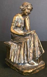 LR - Vintage Bronze Seated Woman Statue With Book