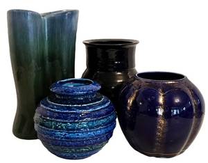 LR - Aldo Londi Bitossi Cordova Rimini Blue Vase, Royal USA Vase & Assorted Vintage Vases (Lot of 4)