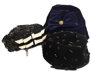 LR - Filbert Orcel Paris Vintage Hat Trio - Black Velvet Bow Hat, Navy Velvet Bow Hat, Beaded Hat