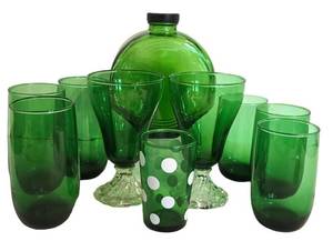 Vintage Anchor Hocking Forest Green Glass Mixed Lot - Bottle, Goblets & Tumblers