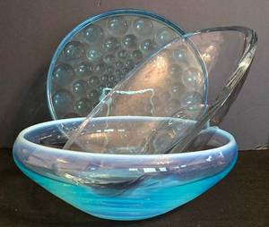 LR - Vintage Blue Bubble Glass Round Tray, Vintage Fostoraia Seascape Blue Glass Bowl and More