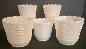 LR - Vintage Fire King Milk Glass Hobnail Vases & Bowls (Lot of 5)